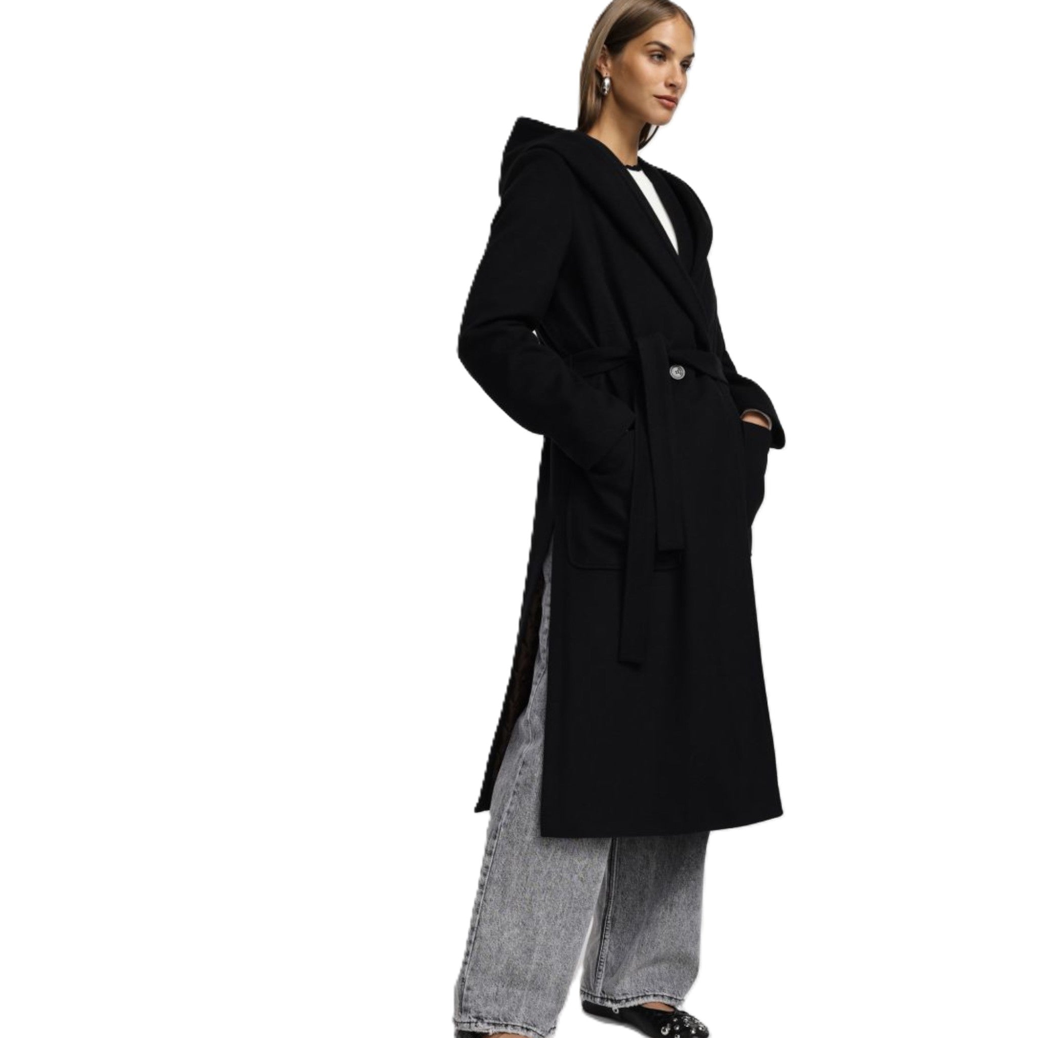 CAPPOTTO CON CINTURA E CAPPUCCIO
