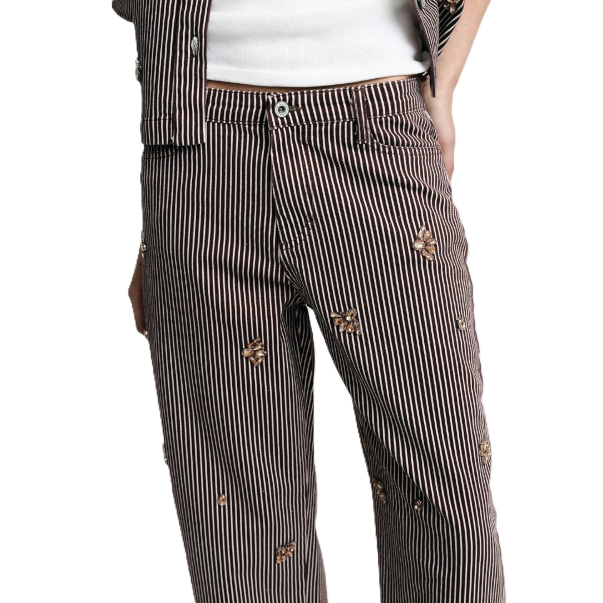 PANTALONE PALAZZO A RIGHE CON RICAMI GIOIELLO