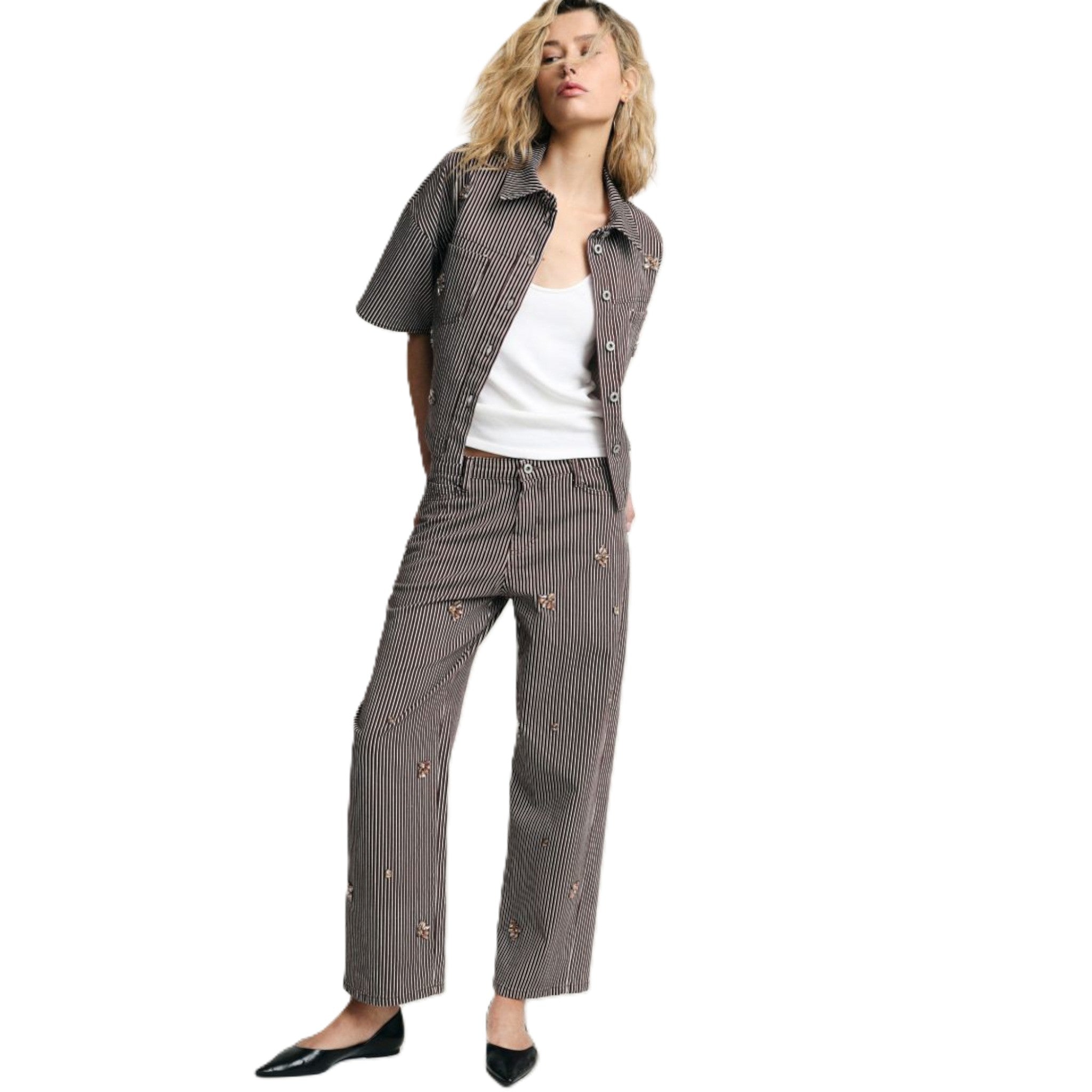 PANTALONE PALAZZO A RIGHE CON RICAMI GIOIELLO