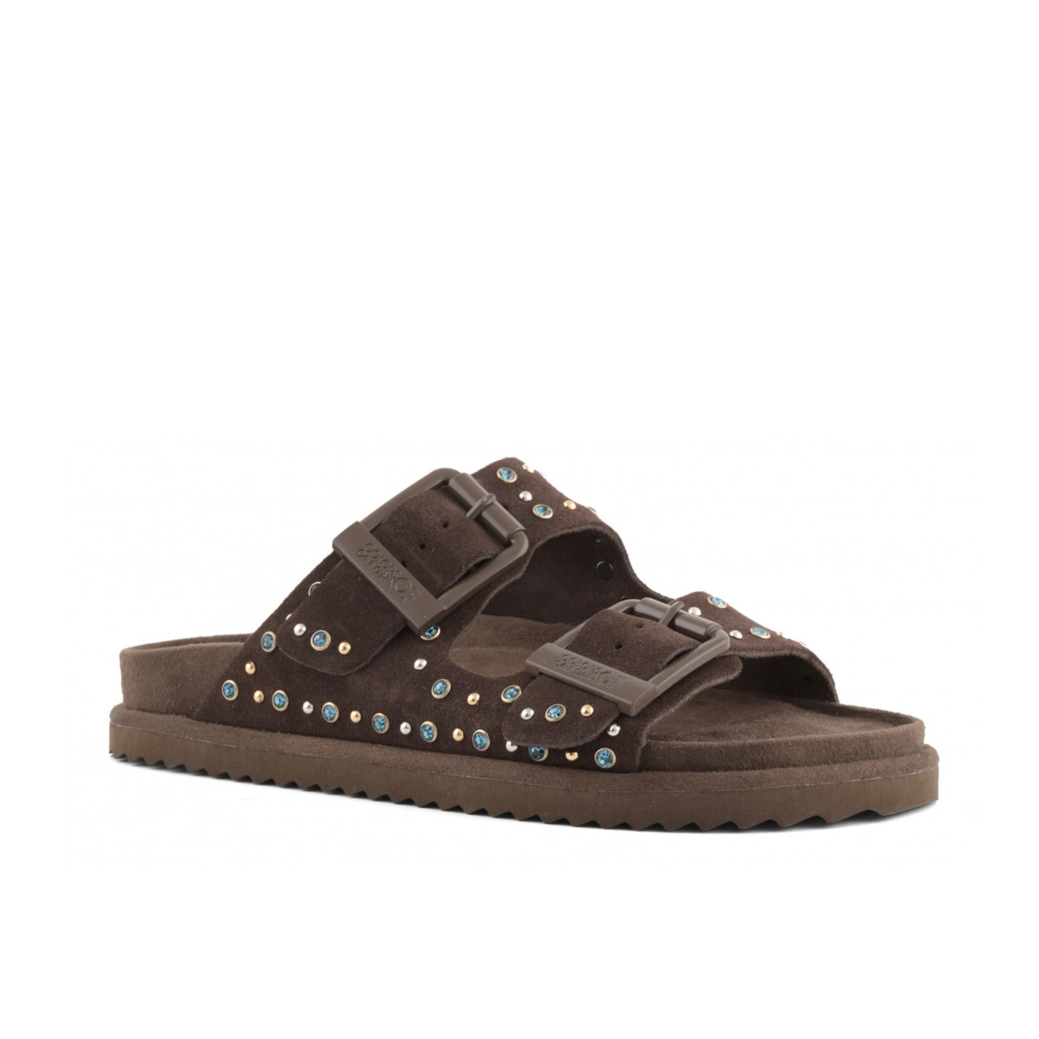 SANDALO IN PELLE SCAMOSCIATA E STRASS