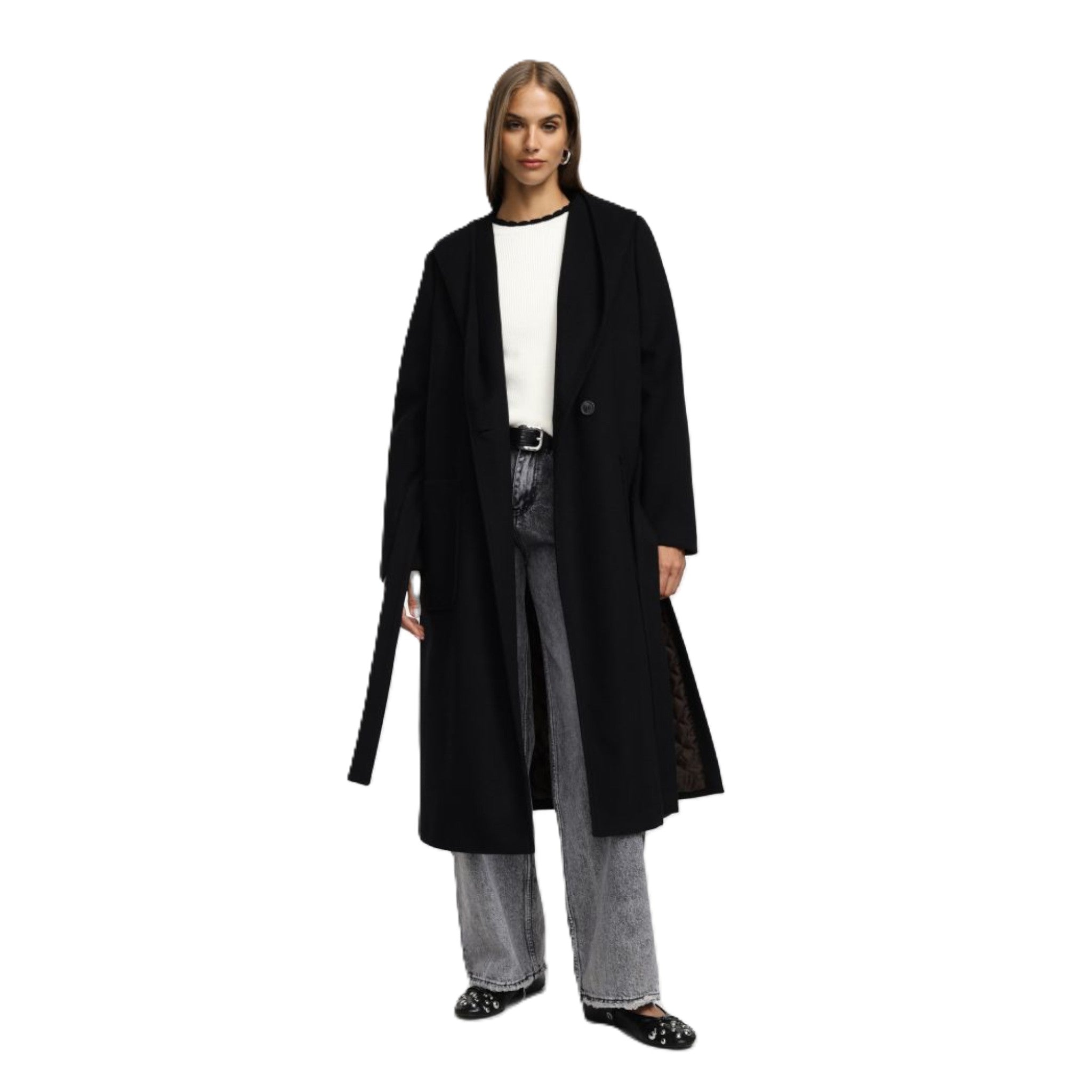 CAPPOTTO CON CINTURA E CAPPUCCIO